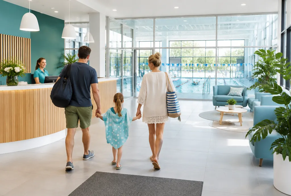 Illustrative family arriving at a bright reception