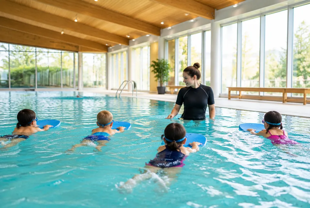 Illustrative children’s swimming lesson with an instructor