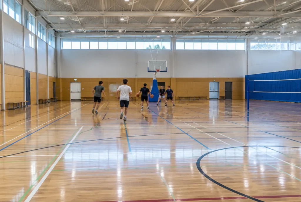 Illustrative indoor sports hall with basketball court