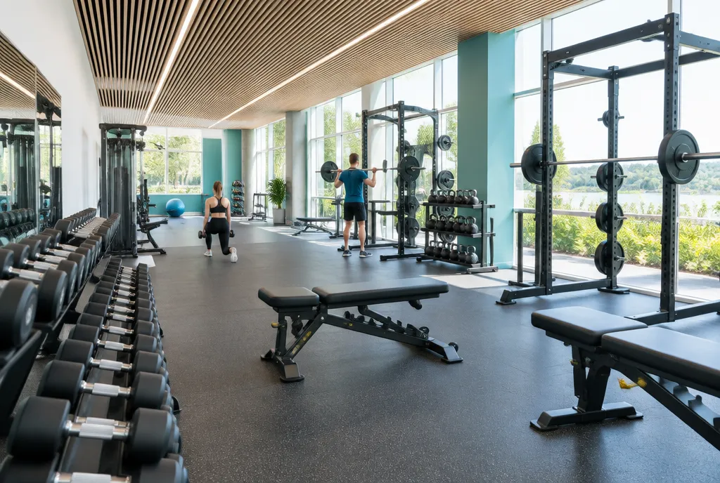 Illustrative gym with free weights and racks